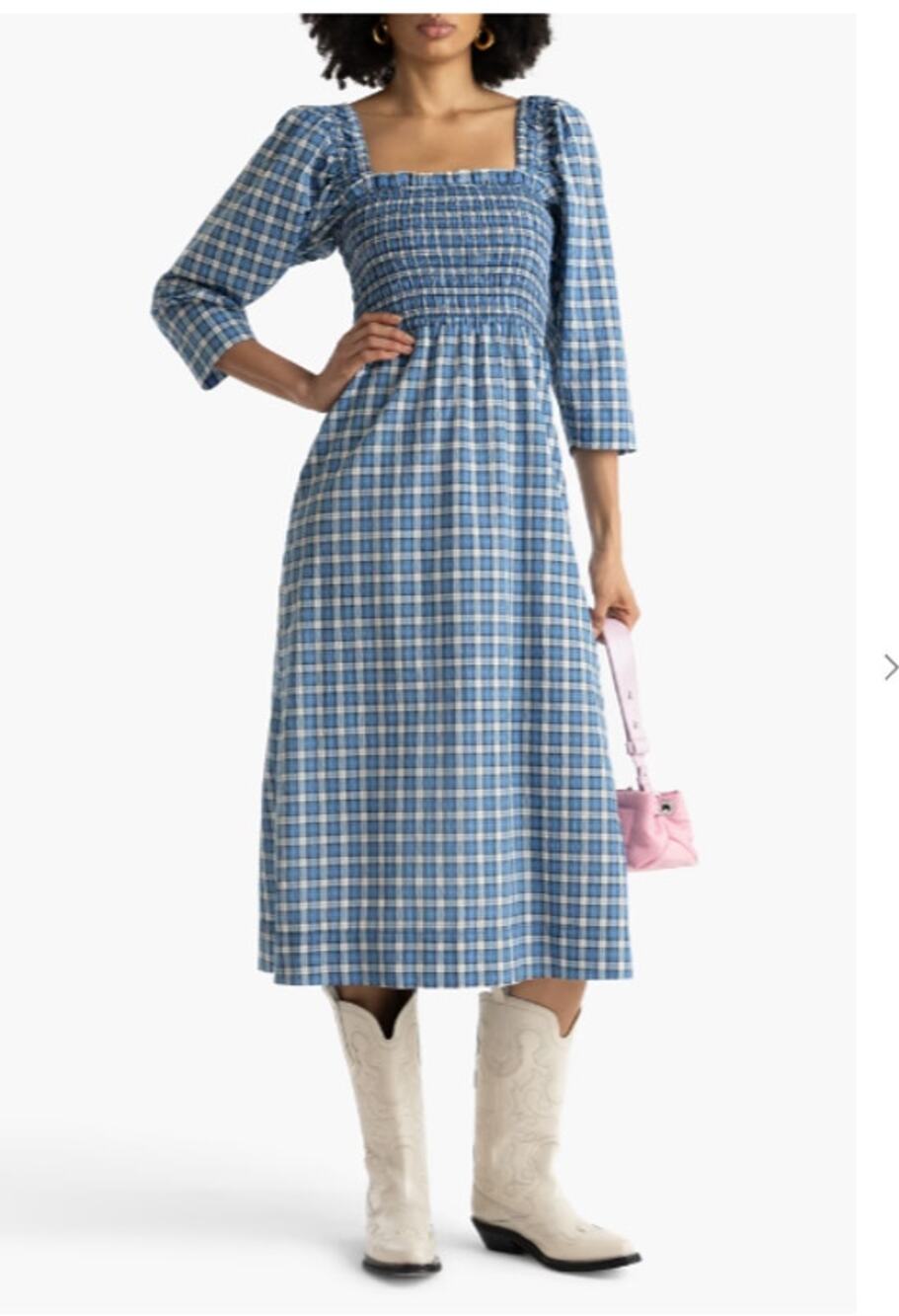 NWT Ganni Shirred Checked Cotton-blend Seersucker Midi Dress Blue DE 42 US 12